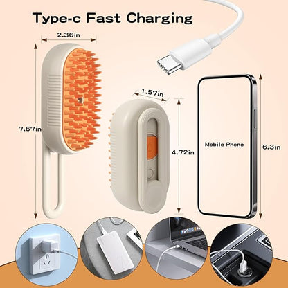 Pet Steam Brush, Rechargeable Cat Steam Brush for Shedding, 2025 New &amp; 4 in 1 Pet Spray Hair Removal Comb with Anti-Static,Massage, Cleaning, Shedding &amp; Combing All In One! (Khaki)