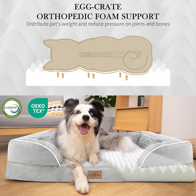 Comfort Expression XL Dog Beds Waterproof, Orthopedic Foam Dog Beds Large Sized, Bolster Dogs Beds Washable Pet Sofa with Removable Cover &amp; Non-Slip Bottom(X-Large,Grey White)