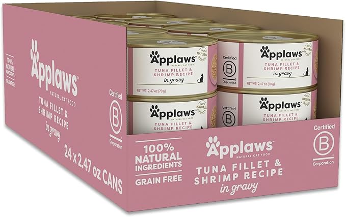 Applaws Natural Wet Cat Food in Gravy, Limited Ingredient Canned Wet Cat Food, No Additives, Made with Natural Ingredients, Tuna Fillet &amp; Shrimp in Gravy (24 x 2.47oz Cans)