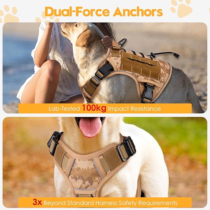 Heavy-Duty Tactical Dog Harness for Large Dogs, No Pull Adjustable Reflective Pet Vest with Molle System, K9 Military-Grade Control for Service Training, Outdoor &amp; 10+ Breeds, Khaki Camo, Small