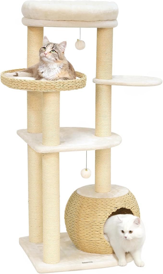 KAMABOKO Modern Cat Tree, 53" Cat Tower for Indoor Cats Natural Sisal Scratching Posts, Hand-Woven Condo &amp; Top Perch, Cat Tree Tower for Kittens Climb Play &amp; Rest