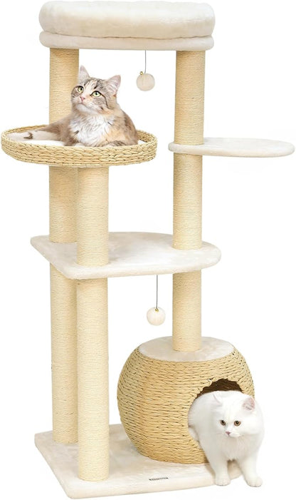 KAMABOKO Modern Cat Tree, 53" Cat Tower for Indoor Cats Natural Sisal Scratching Posts, Hand-Woven Condo &amp; Top Perch, Cat Tree Tower for Kittens Climb Play &amp; Rest