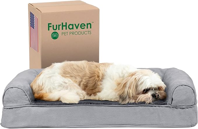 Furhaven Cooling Gel Dog Bed for Medium/Small Dogs w/ Removable Bolsters &amp; Washable Cover, For Dogs Up to 35 lbs - Plush &amp; Suede Sofa - Gray, Medium