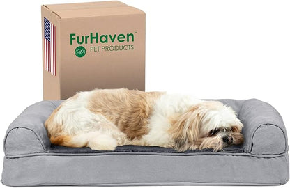 Furhaven Cooling Gel Dog Bed for Medium/Small Dogs w/ Removable Bolsters &amp; Washable Cover, For Dogs Up to 35 lbs - Plush &amp; Suede Sofa - Gray, Medium
