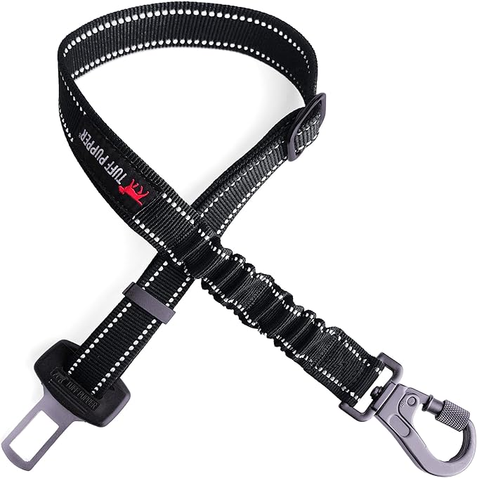 Tuff Pupper Dog Seat Belt | Adjustable Length Dog Seatbelt Restraint | Tangle-Free Locking Carabiner | Shock-Absorbing Bungee | Reflective Stitching for Visibility | Universal Fit for Cars &amp; Trucks