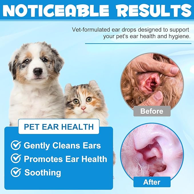 Dog Ear Infection Treatment, Cat &amp; Dog Ear Cleaner for Itchy Relief, Antiseptic,Waxing,Cleansing, Ear Mite Treatment for Dog Cats, Yeast Ears Infection Treatment for Dogs, 2.02fl.oz