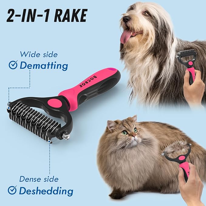 Pet Grooming Brush &amp; Comb Combo, Cat &amp; Dog Brush for Shedding &amp; Dematting, Undercoat Rake for Long-haired Pets, Pink