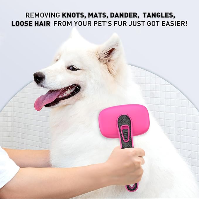 Self Cleaning Slicker Brush for Shedding Long Short Haired Dogs &amp; Cats, Remove Loose Tangling Knot Undercoat Fur Mats, Grooming Brush with Retractable Bristles for Small Medium Large Pet, Pink