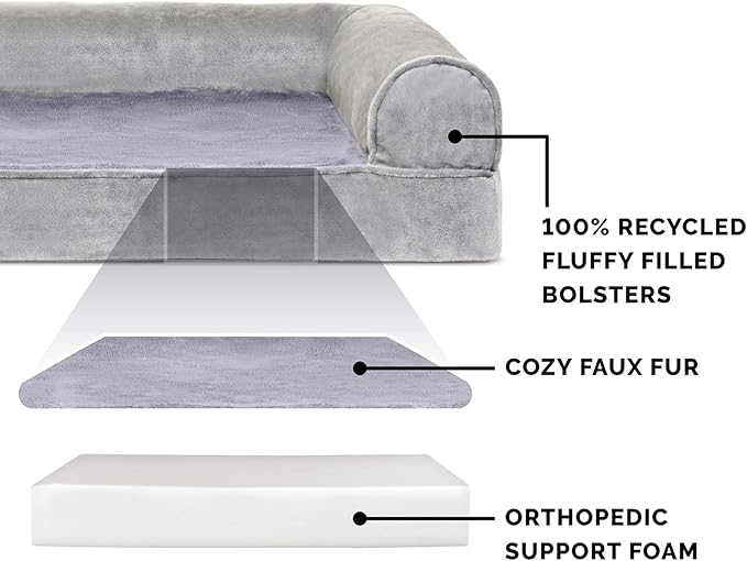 Furhaven Orthopedic Dog Bed for Large Dogs w/ Removable Bolsters &amp; Washable Cover, For Dogs Up to 125 lbs - Faux Fur &amp; Velvet Sofa - Smoke Gray, Jumbo Plus/XXL
