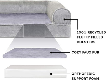 Furhaven Orthopedic Dog Bed for Large Dogs w/ Removable Bolsters &amp; Washable Cover, For Dogs Up to 125 lbs - Faux Fur &amp; Velvet Sofa - Smoke Gray, Jumbo Plus/XXL