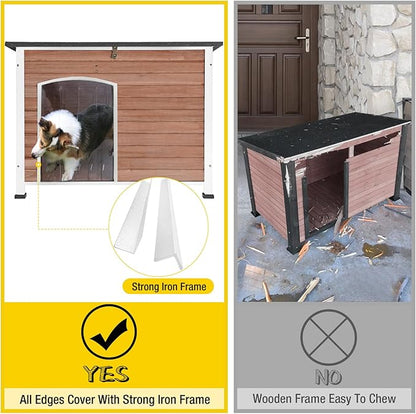 Dog House Outdoor &amp; Indoor Wooden Dog Kennel for Winter with Raised Feet Weatherproof for Small &amp; Medium &amp; Large Dogs,Unique All-Around Iron Frame，Light Brown