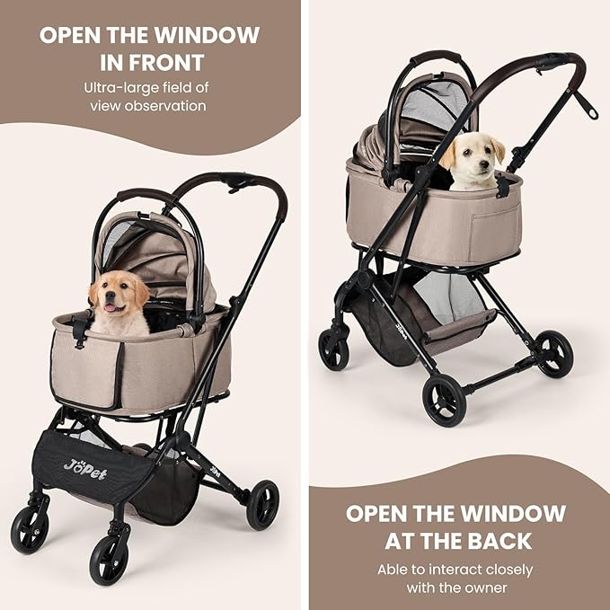 Pet Stroller, Small to Medium Dogs &amp; Cats, Foldable, One-Hand Fold, Detachable Carrier, Latte Color