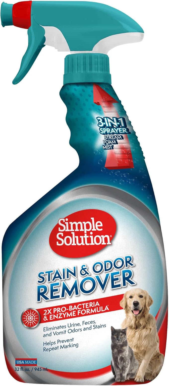 Simple Solution Stain &amp; Odor Eliminator for Pets, Carpet Deodorizer, Enzyme Pet Odor Eliminator for Home, Stain Remover for Cat &amp; Dog Pee, Urine Destroyer, Carpet Cleaner Spray, 32 oz