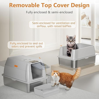Stainless Steel Cat Litter Box with Lid, XL Extra Large Litter Box for Big Cats, Enclosed Removable Metal Litter Boxs with High Sided Enclosure &amp; Scoop, Anti-Leakage, Non-Sticky, Easy Cleaning(Grey)