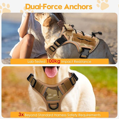 Heavy-Duty Tactical Dog Harness for Large Dogs, No Pull Adjustable Reflective Pet Vest with Molle System, K9 Military-Grade Control for Service Training, Outdoor &amp; 10+ Breeds, Desert Camo, Medium