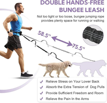 Hands Free Dog Leash, Shcok Abosoring Bungee with Double Padded Handles, Waist Leash for Dog Walking, Dog Leash with Bungee for Medium &amp; Large Dog, Dog Walking Accessories, Black Purple