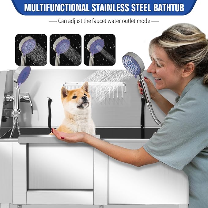 Professional Stainless Steel Dog Bathing Station, Dog Grooming Tub, with Stairs, Floor Grate &amp; Faucet for Dog Bathtub for Large, Medium &amp; Small Pets,34" L-RAMP