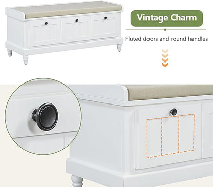 Classic Shoe Storage Bench with Cushion and Three Drawers, Fluted Entryway Bench with Storage for Entryway, Living Room, Hallways 44.0" L x 15.9" W x 18.9" H White