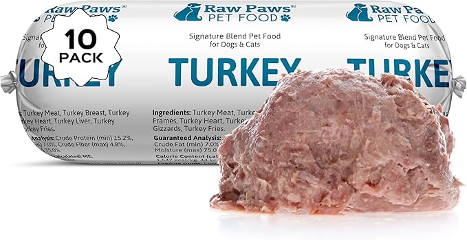 Raw Paws Signature Blend Pet Food for Dogs &amp; Cats - Turkey Recipe, 1-lb Rolls (10 Pack) - Made in USA Frozen Turkey Roll Dog Food - Refrigerated Log Dog Food - Raw Frozen Food for Dogs