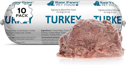 Raw Paws Signature Blend Pet Food for Dogs &amp; Cats - Turkey Recipe, 1-lb Rolls (10 Pack) - Made in USA Frozen Turkey Roll Dog Food - Refrigerated Log Dog Food - Raw Frozen Food for Dogs