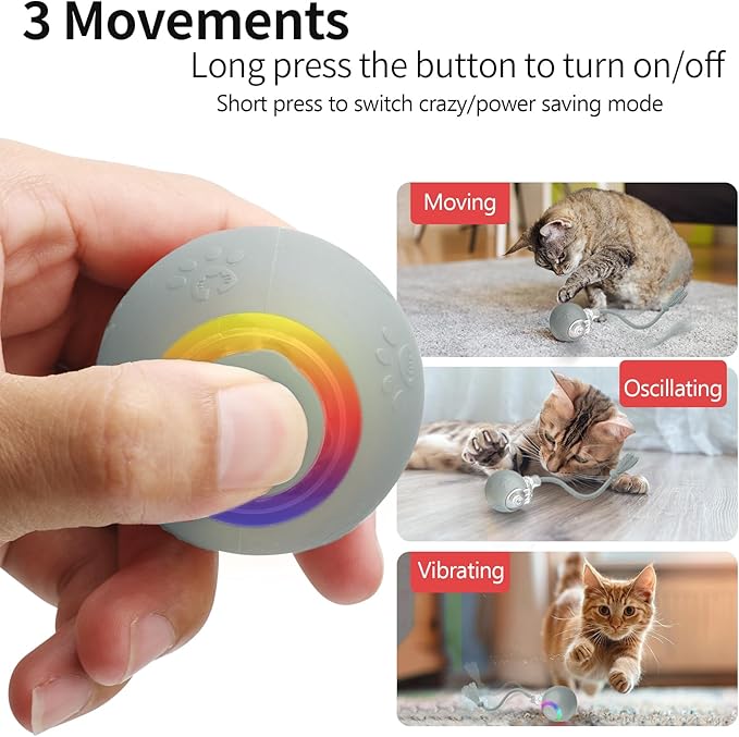 Interactive Cat Toys, Automatic Moving Cat Toy for Bored Indoor Adult Cats, Fast Rolling, Chirping &amp; Motion-Activated Cat Toys, Fun Gift for Cats with Speedy Tail 2.0, USB Rechargeable(Gray)