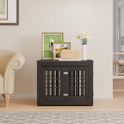 32" Heavy Duty Dog Crate Furniture for Small,Medium and Large Dogs,Rustic Wooden Dog Cage Kennel Indoor Furniture with Waterproof Top,Decorative Pet House Side End Table (Black &amp; Grey)