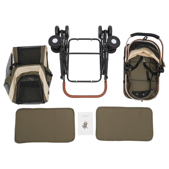 Double Pet Stroller with Detachable Carriers, Large Cat &amp; Dog Stroller with 4 Wheels, Foldable Pet Strollers Small &amp; Medium Dogs Cats 77lbs (Dark Green)