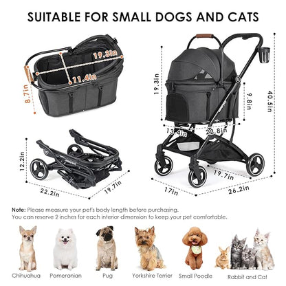 T3 Foldable Pet Stroller for Small Dogs &amp; Cats – 3-in-1 Lightweight Design, 180° Canopy &amp; Detachable Carrier (Black)