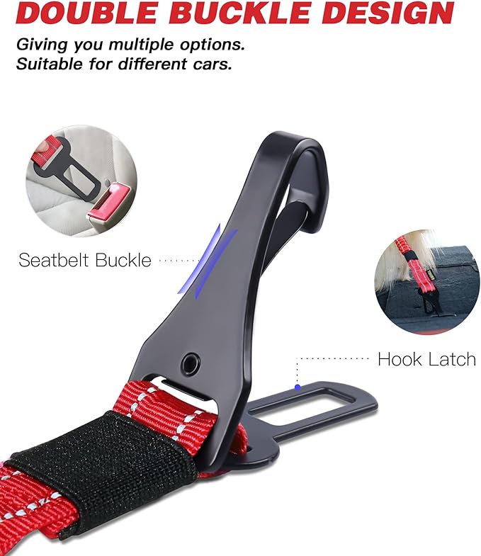 AUBELL Dog Seat Belt for Car,Updated 3-in-1 Adjustable Reflective Bungee Heavy Duty Dog Car Harness Tether with Clip Hook Latch &amp; Buckle,Swivel Zinc Alloy Carabiner,Red