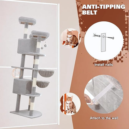 SHA CERLIN 73" Space-Saving Cat Tree/Multi-Level Tall Cat Tower with Perches/Scratching Posts/Condo &amp; Hanging Baskets/Modern Fan-Shaped Design for Indoor Kitties/Pet Activity House/Grey