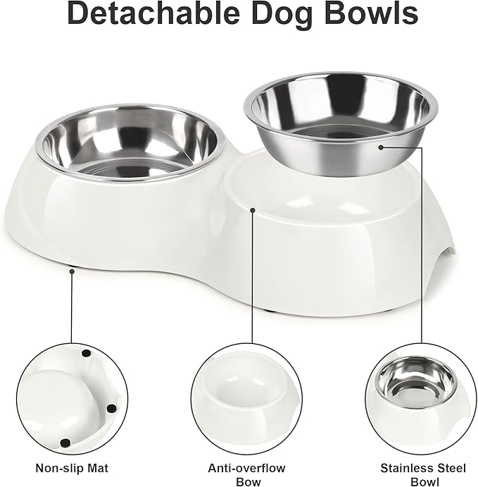 Stainless Steel Dog Bowls Set – Dual Non-Slip Pet Dishes with 2 Small (4oz*2) Bowls &amp; Durable Resin Stand,Food &amp; Water Feeder for Puppies, Kittens, and Small Breed Dogs– White