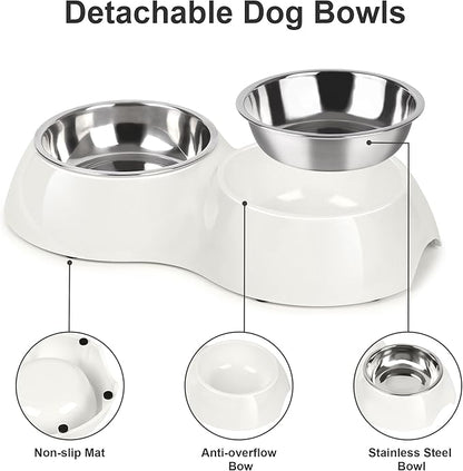 Stainless Steel Dog Bowls Set – Dual Non-Slip Pet Dishes with 2 Small (4oz*2) Bowls &amp; Durable Resin Stand,Food &amp; Water Feeder for Puppies, Kittens, and Small Breed Dogs– White
