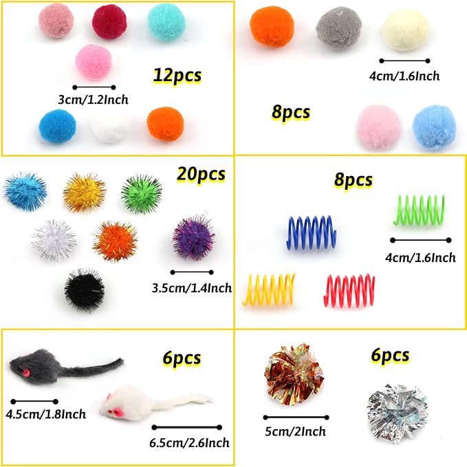 60 Pack Cat Toys - Assorted Kitten, Mouse, Crinkle &amp; Pom Pom Balls