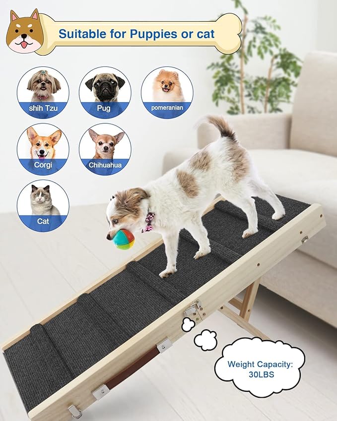 Adjustable Dog Ramp, Wooden Folding Portable Pet Ramp,Rated for 30 LBS, 32.6" Long and Adjustable from 10" to 19" with Non-Slip Traction Mat, Dog Step for Bed, Couch,Car (Grey)