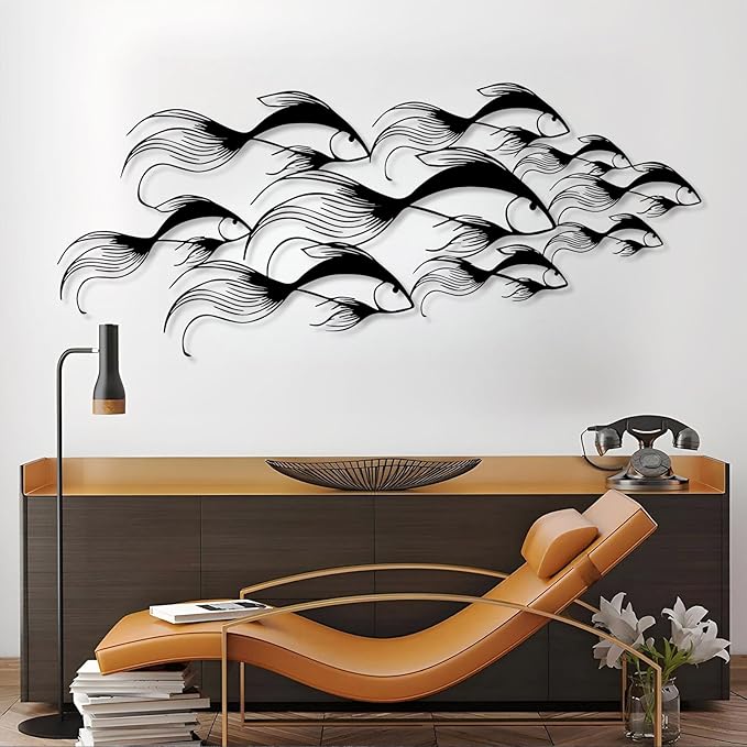 School of Fish Metal Wall Art, Metal Fish Wall Decor, Sea Life Wall Art, Large Nautical Wall Hanging, Modern Beach House Wall Decor, Ocean Themed Artwork for Bathroom (Silver, 59"x25" | 150x64cm)