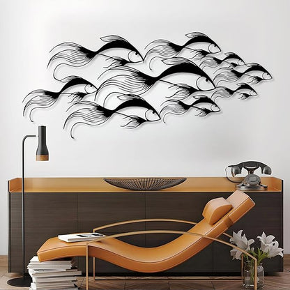 School of Fish Metal Wall Art, Metal Fish Wall Decor, Sea Life Wall Art, Large Nautical Wall Hanging, Modern Beach House Wall Decor, Ocean Themed Artwork for Bathroom (Gold, 35"x15" | 90x38cm)