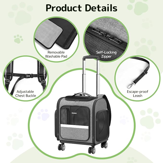 Rolling Cat Carrier with Wheels: Dog Carrier for Small Dogs &amp; Large Cats, Expandable Pet Carrier on Wheels with Cat Play Tunnel, Large Capacity, Breathable Mesh, Side Pocket, Grey