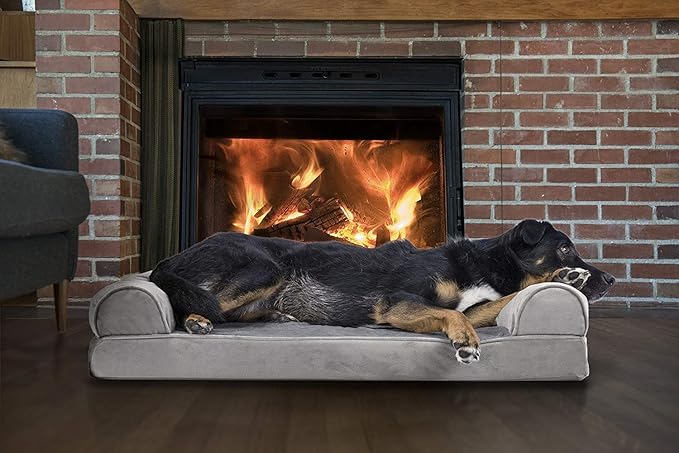 Furhaven Orthopedic Dog Bed for Large/Medium Dogs w/ Removable Bolsters &amp; Washable Cover, For Dogs Up to 55 lbs - Faux Fur &amp; Velvet Sofa - Smoke Gray, Large