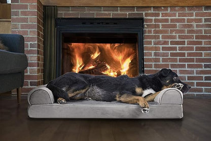 Furhaven Orthopedic Dog Bed for Large/Medium Dogs w/ Removable Bolsters &amp; Washable Cover, For Dogs Up to 55 lbs - Faux Fur &amp; Velvet Sofa - Smoke Gray, Large