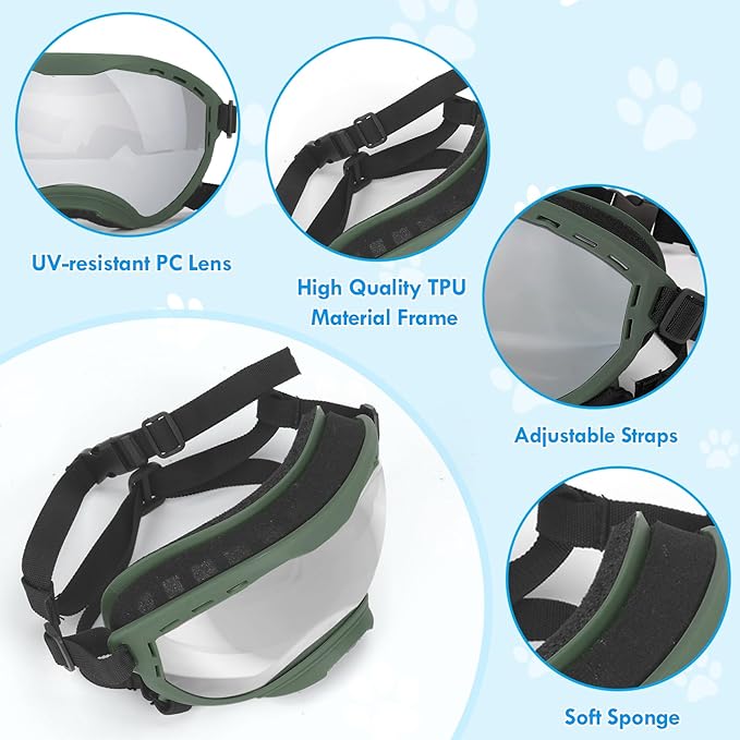Dog Goggles for Large Dogs, UV Wind Dust Fog Protection, Soft Frame Adjustable Dog Sunglasses, Summer Driving &amp; Winter Snow Eyewear, Tactical Pet Glasses with Elastic Strap (Green)