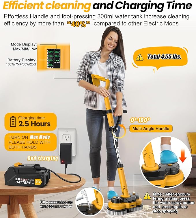 qimedo 6000mAh Battery Electric Mop M1, 800RPM Cordless Electric Power Scrubber &amp; Mops for Floor Cleaning, Best Automatic Spin Mops with Smart Display,Rotating Mop with LED Light &amp; Water Spray