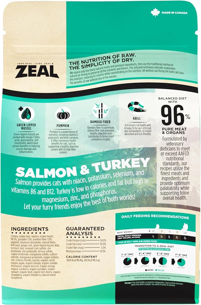 ZEAL Canada Air-Dried Salmon &amp; Turkey Recipe for Cats - Superfood Omega-3 Rich, Dual-Protein, Grain Free, No Fillers, Complete Nutrition (Salmon &amp; Turkey, 14.1 oz)