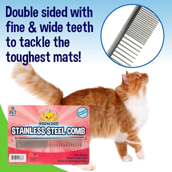 Bodhi Dog Stainless Steel Comb &amp; Shampoo Brush - Bath &amp; Shower Supplies for Dogs &amp; Cats - Removes Shedding, Mats &amp; Tangles - Pet Grooming Scrubber Bundle (Blue)