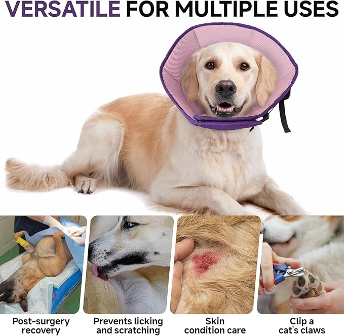 Dog Cone Collar M, Soft Cones for Large Medium Small Dogs,Adjustable Dog Cone Alternative to Stop Licking, Comfy Elizabethan Collar for After Surgery Wound Healing &amp; Hot Spots Purple