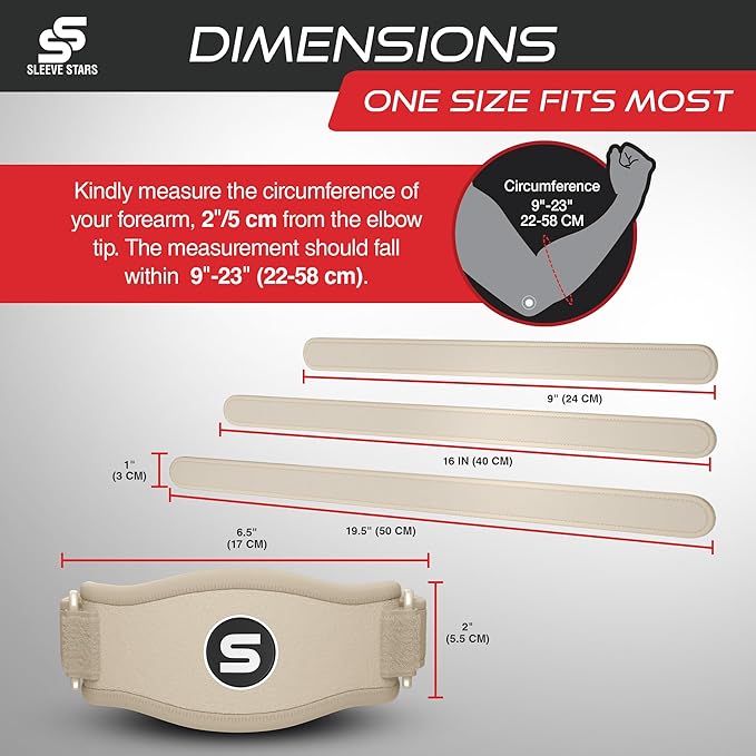Sleeve Stars Tennis Elbow Brace for Men &amp; Women, Tendonitis Elbow Brace &amp; Strap Golfers Elbow Brace Counterforce Band for Tendon Pain Relief &amp; Support for Forearm w/ 3 Straps Fits 9-23" (Single) (2, Beige, One Size)