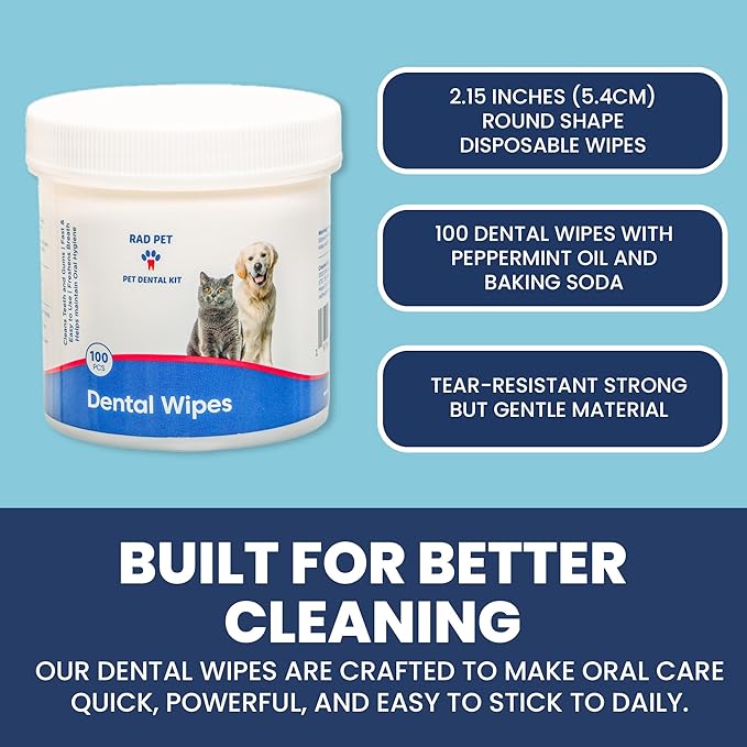 Rad Health Dog Dental Wipes - 100ct Pet Dental Finger Wipes, Easy No-Brush Teeth Cleaning, Removes Plaque &amp; Tartar, Boosts Oral Hygiene, Freshens Breath, Gentle on Mouth, Strong on Build-Up
