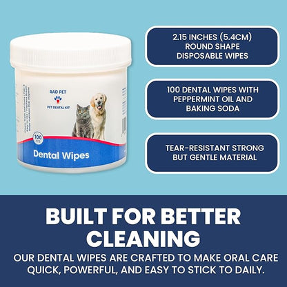 Rad Health Dog Dental Wipes - 100ct Pet Dental Finger Wipes, Easy No-Brush Teeth Cleaning, Removes Plaque &amp; Tartar, Boosts Oral Hygiene, Freshens Breath, Gentle on Mouth, Strong on Build-Up