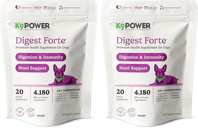 K9 Power Digest Forte for Dogs 1lb – Digestive, Immunity &amp; Calming Support - Enhances Nutrient Absorption - Balances Gut Flora - Eases Discomfort &amp; Boost Mood - Pack of 2