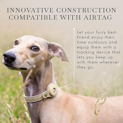 Cupertino Dog Collars, Harnesses &amp; Leashes Made from Vegan Leather with Dog Tracker Device Holder Adjustable Dog Collar (Medium, Beige)