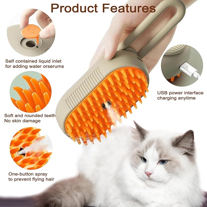 Cat Steam Brush for Shedding, 2025 New 4 in 1 Rechargeable Steam Pet Brushes for Cats &amp; Dogs, Indoor Anti-static Pets Brush for Massage, Cleaning, Shedding &amp; Combing Hair (Beige)